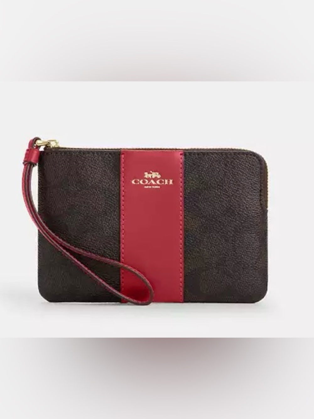 Coach Brown Signature Wristlet with Red Center Stripe